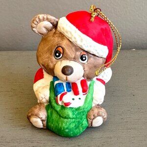 Vintage Teddy Bear Ornament w/ Santa Hat and Sack Christmas Holiday 2.5 Inch